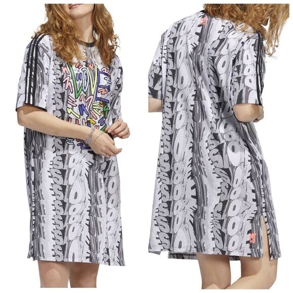 ADIDAS Originals Women's Love Unites Graffiti Doodle Athleisure T-Shirt Dress - Picture 1 of 9